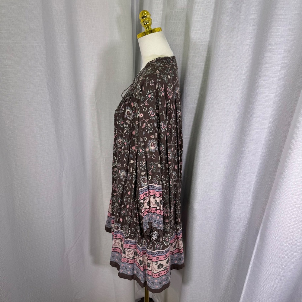 Natural Life Floral Paisley Boho Mini Dress Womens Large Brown Rayon Tie Neck - Picture 9 of 10